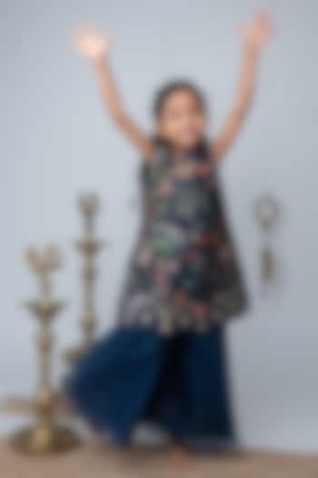 Navy Blue Organza Flared Palazzo Pant Set For Girls by Label Neeti at Pernia's Pop Up Shop
