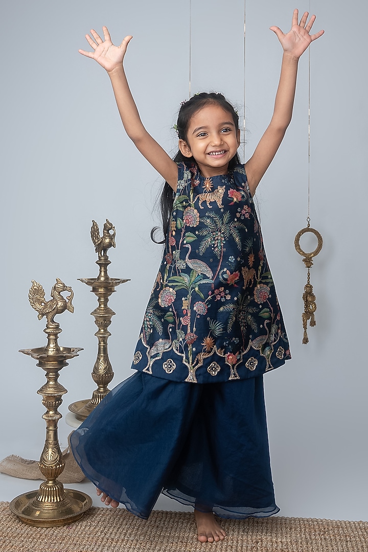 Navy Blue Organza Flared Palazzo Pant Set For Girls by Label Neeti at Pernia's Pop Up Shop