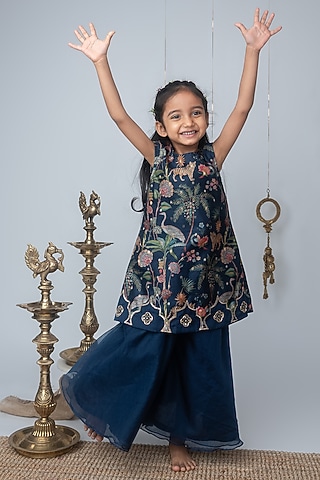 Navy Blue Organza Flared Palazzo Pant Set For Girls by Label Neeti