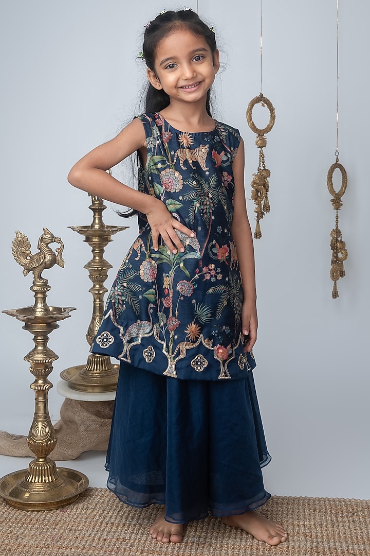 Navy Blue Organza Flared Palazzo Pant Set For Girls by Label Neeti at Pernia's Pop Up Shop