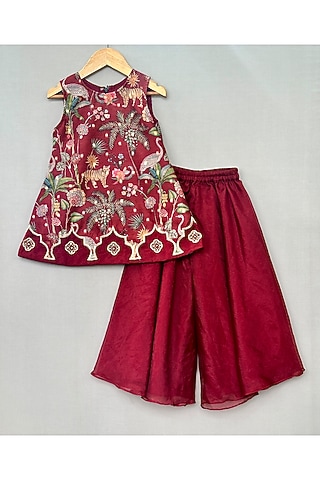 Maroon Organza Flared Palazzo Pant Set For Girls by Label Neeti