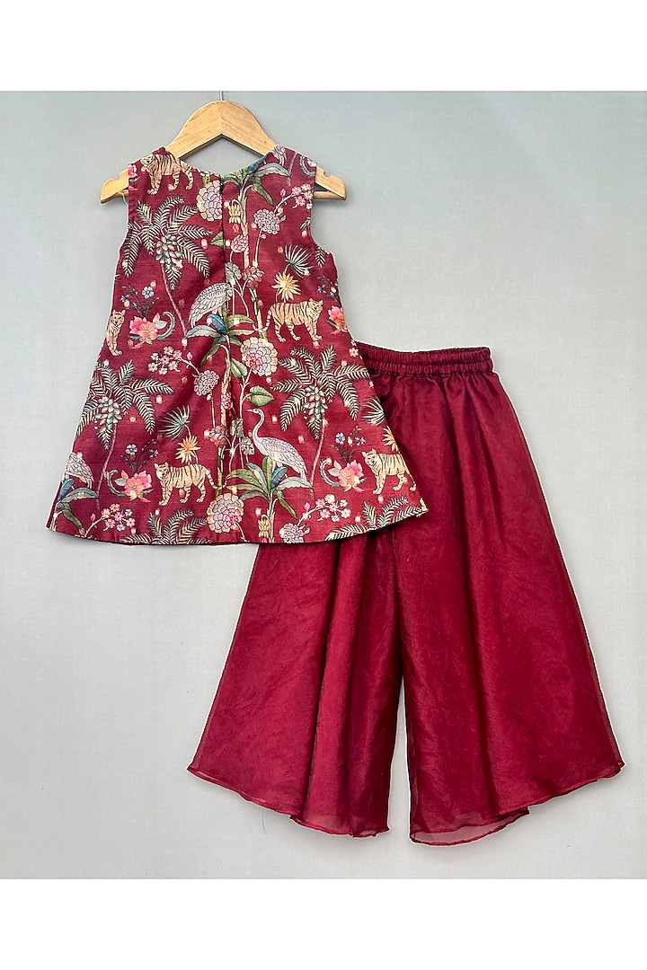 Maroon Organza Flared Palazzo Pant Set For Girls by Label Neeti at Pernia's Pop Up Shop