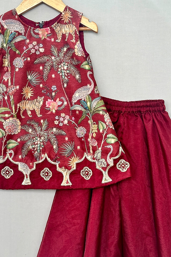 Maroon Organza Flared Palazzo Pant Set For Girls by Label Neeti at Pernia's Pop Up Shop