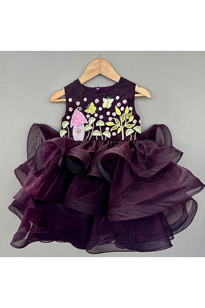 Wine Organza Floral Hand Embroidered Dress For Girls by Label Neeti at Pernia's Pop Up Shop