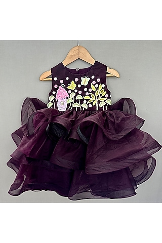 Wine Organza Floral Hand Embroidered Dress For Girls by Label Neeti