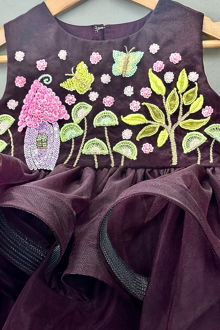 Wine Organza Floral Hand Embroidered Dress For Girls by Label Neeti at Pernia's Pop Up Shop