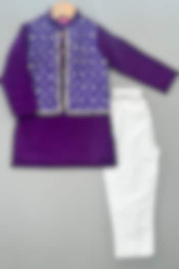 Purple Dola Silk Bandhani Printed Kurta Set For Boys by Label Neeti at Pernia's Pop Up Shop
