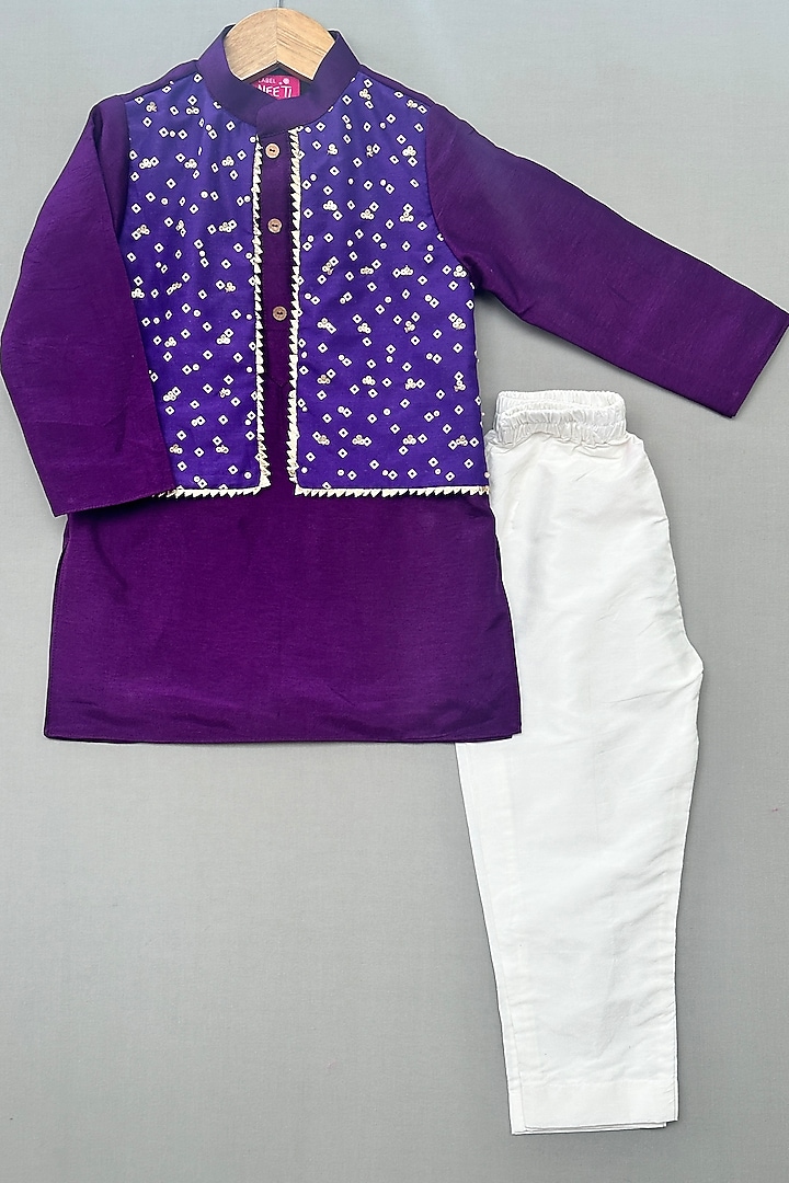 Purple Dola Silk Bandhani Printed Kurta Set For Boys by Label Neeti at Pernia's Pop Up Shop