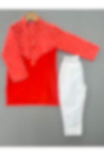 Orange Chanderi Bandhani Printed Kurta Set For Boys by Label Neeti at Pernia's Pop Up Shop