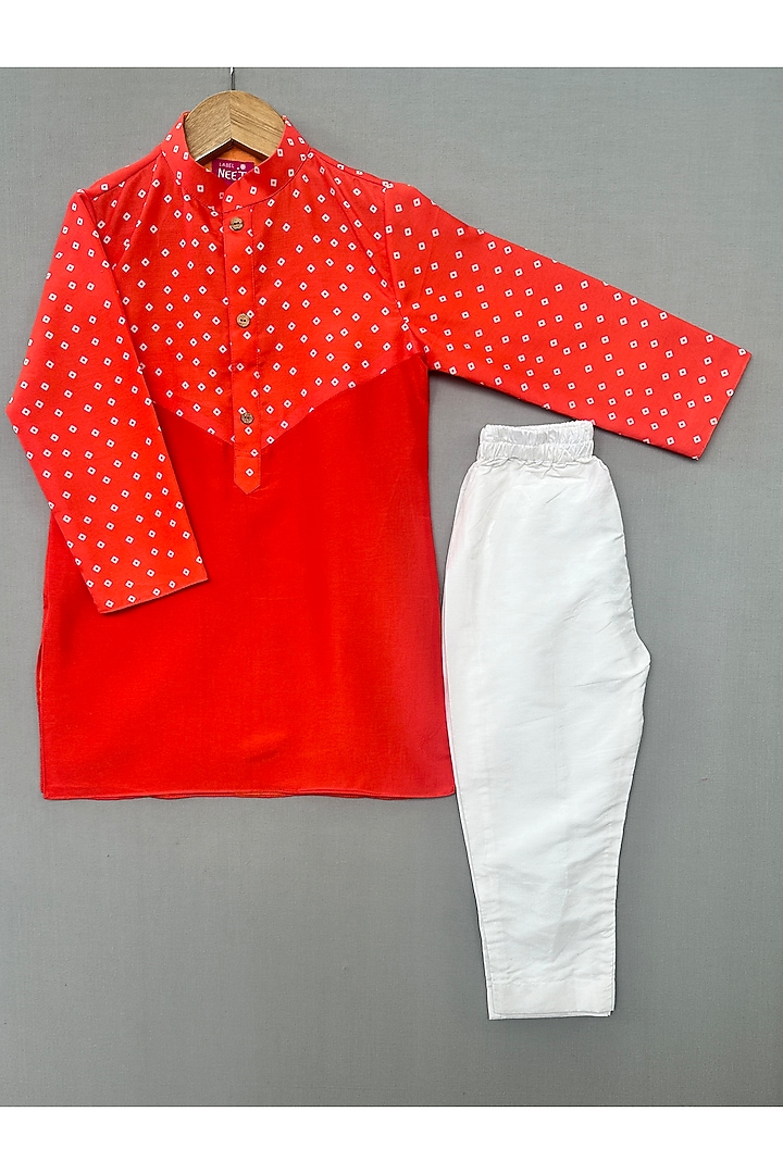 Orange Chanderi Bandhani Printed Kurta Set For Boys by Label Neeti at Pernia's Pop Up Shop