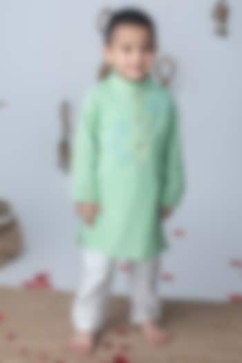 Pista Green Cotton Crush Floral Thread Embroidered Kurta Set For Boys by Label Neeti at Pernia's Pop Up Shop