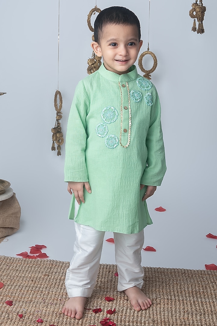 Pista Green Cotton Crush Floral Thread Embroidered Kurta Set For Boys by Label Neeti at Pernia's Pop Up Shop