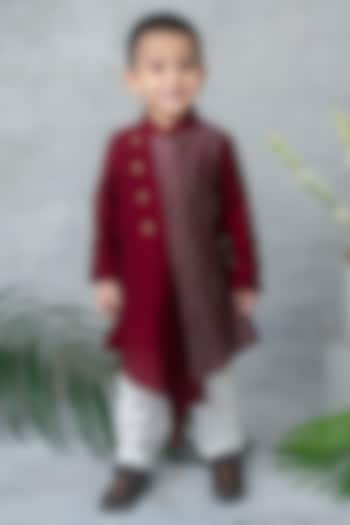Maroon Dola Silk Hand Block Printed Asymmetric Kurta Set For Boys by Label Neeti at Pernia's Pop Up Shop