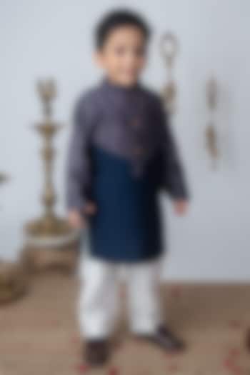 Navy Blue Chanderi Hand Block Printed Kurta Set For Boys by Label Neeti at Pernia's Pop Up Shop