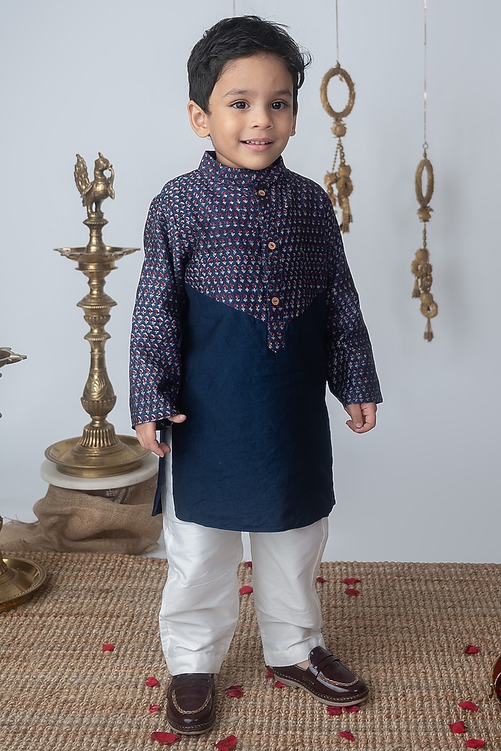 Navy Blue Chanderi Hand Block Printed Kurta Set For Boys by Label Neeti at Pernia's Pop Up Shop