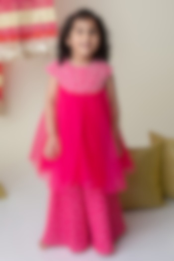 Rani Pink Organza Bandhani Printed Palazzo Pant Set For Girls by Label Neeti at Pernia's Pop Up Shop