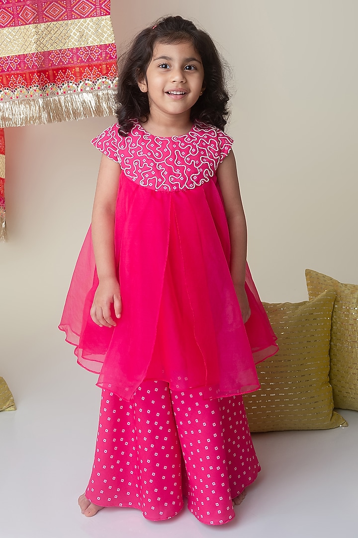 Rani Pink Organza Bandhani Printed Palazzo Pant Set For Girls by Label Neeti at Pernia's Pop Up Shop