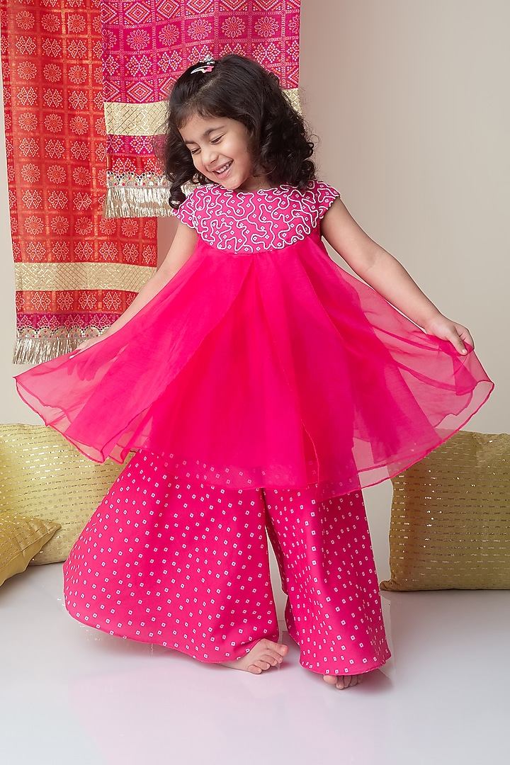 Rani Pink Organza Bandhani Printed Palazzo Pant Set For Girls by Label Neeti at Pernia's Pop Up Shop