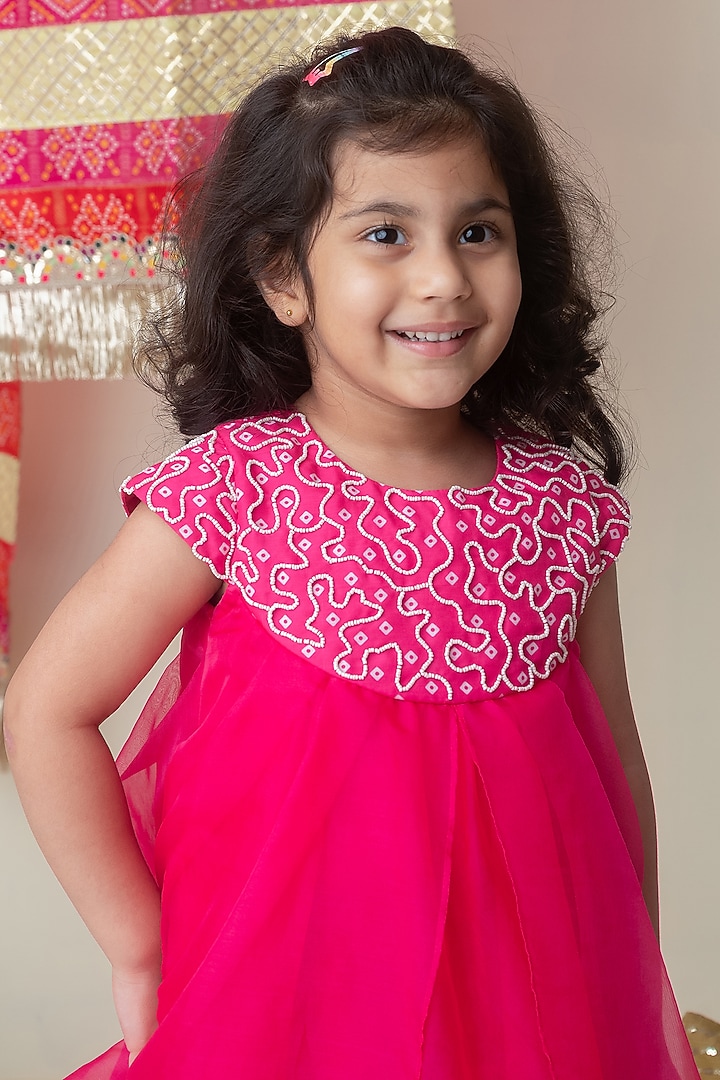 Rani Pink Organza Bandhani Printed Palazzo Pant Set For Girls by Label Neeti at Pernia's Pop Up Shop