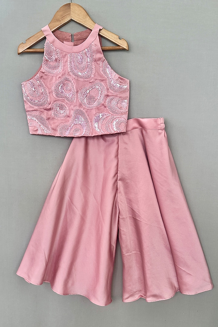 English Pink Milano Satin Flared Palazzo Pant Set For Girls by Label Neeti at Pernia's Pop Up Shop