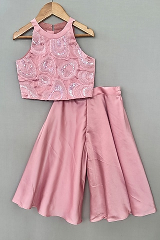 English Pink Milano Satin Flared Palazzo Pant Set For Girls by Label Neeti