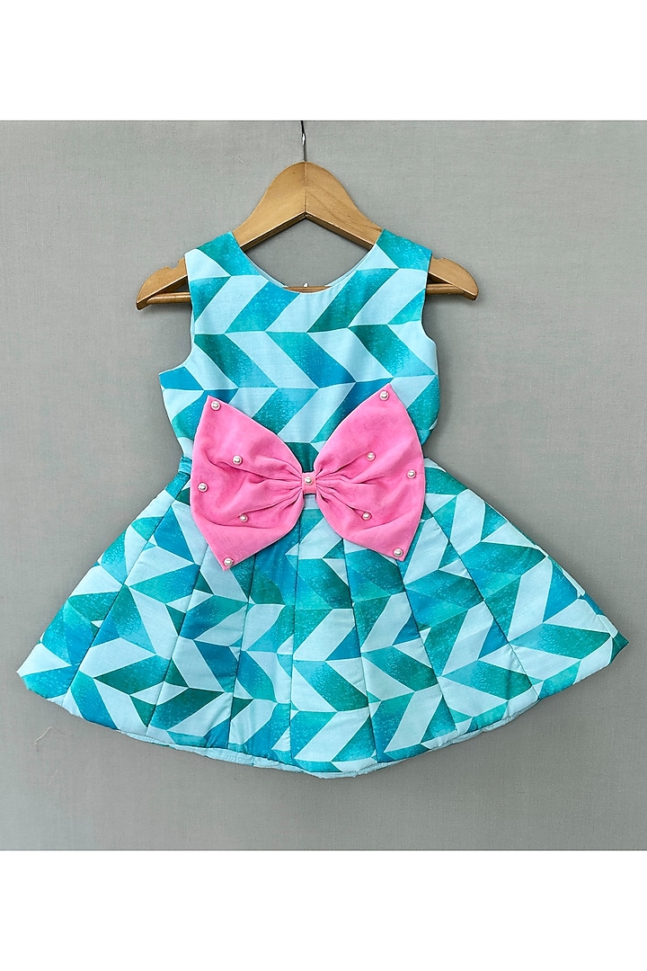 Aqua Blue Organza Geometric Printed Dress For Girls by Label Neeti at Pernia's Pop Up Shop