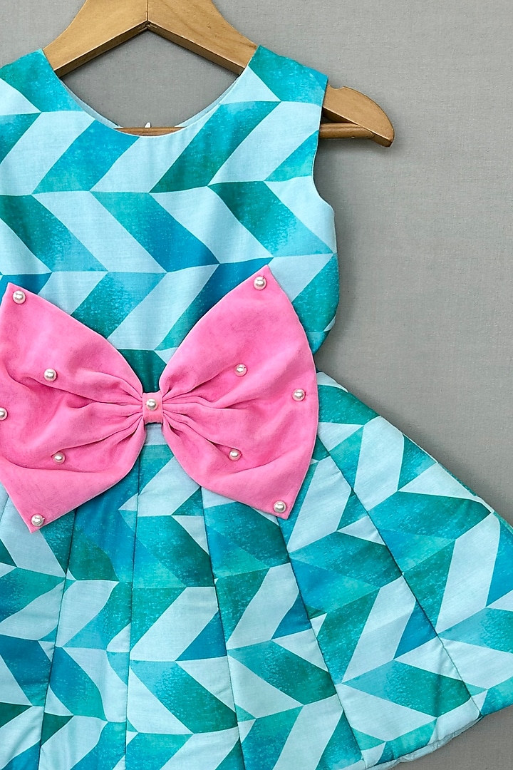 Aqua Blue Organza Geometric Printed Dress For Girls by Label Neeti at Pernia's Pop Up Shop