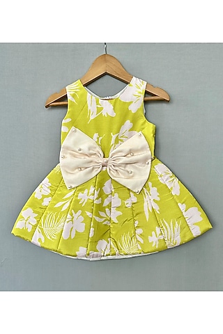 Lime Green Organza Floral Printed Dress For Girls by Label Neeti
