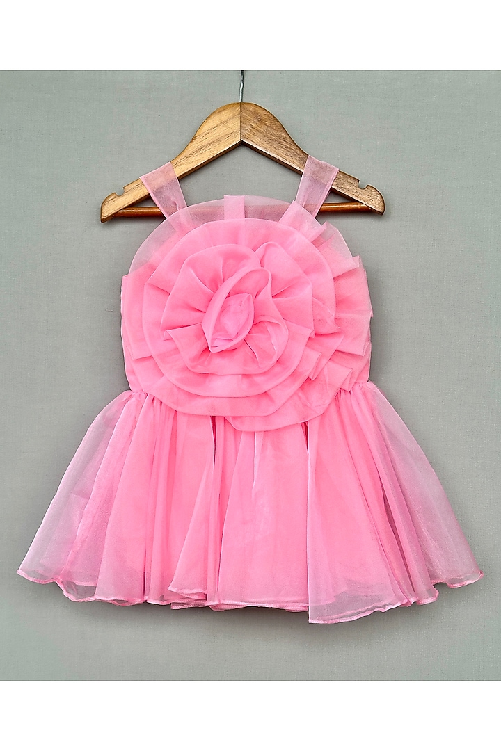 Baby Pink Organza Floral Flared Dress For Girls by Label Neeti at Pernia's Pop Up Shop