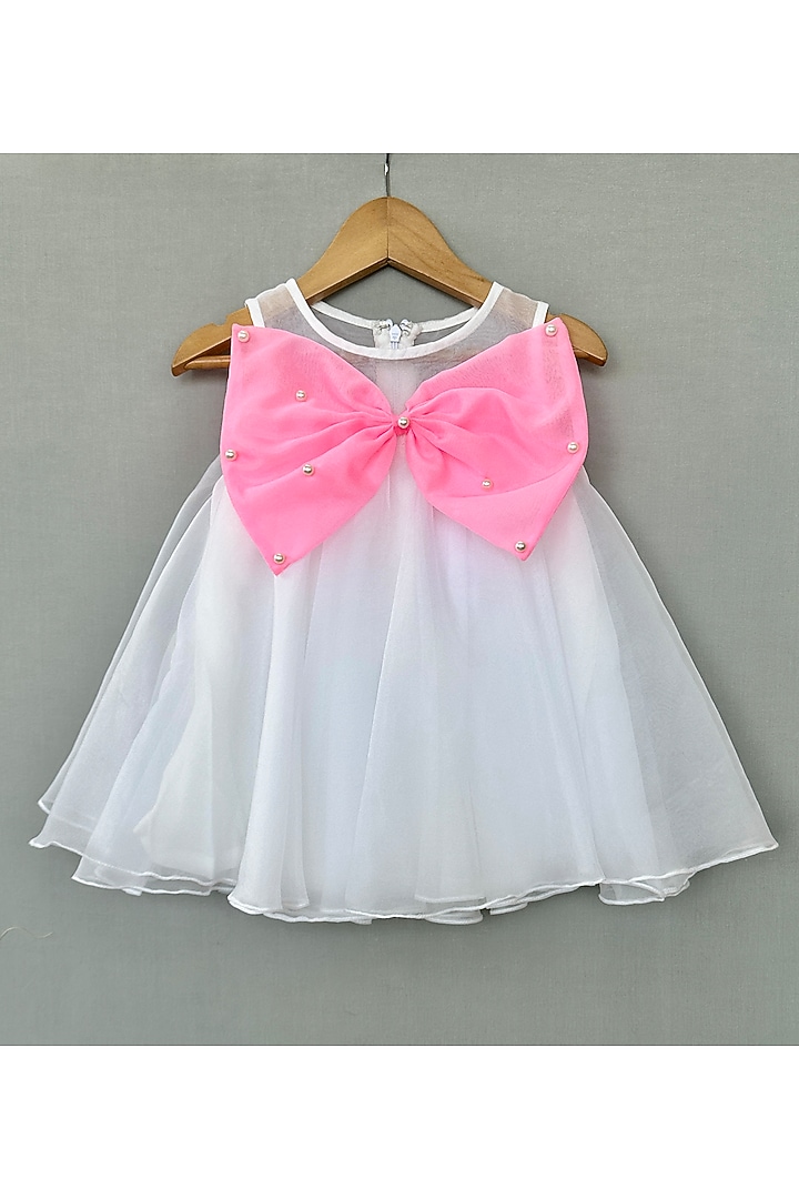 White Organza Bow Flared Dress For Girls by Label Neeti at Pernia's Pop Up Shop