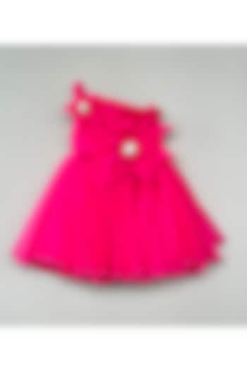 Fuchsia Organza Floral Applique Embellished One-Shoulder Dress For Girls by Label Neeti at Pernia's Pop Up Shop