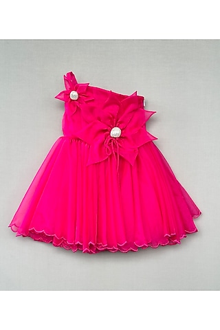 Fuchsia Organza Floral Applique Embellished One-Shoulder Dress For Girls by Label Neeti