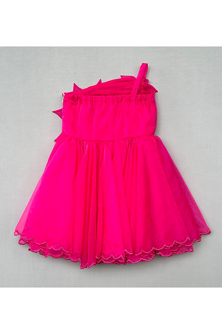 Fuchsia Organza Floral Applique Embellished One-Shoulder Dress For Girls by Label Neeti at Pernia's Pop Up Shop