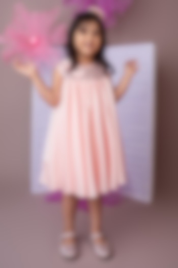 Soft Pink Milano Satin Sequin Work Layered Flared Dress For Girls by Label Neeti at Pernia's Pop Up Shop