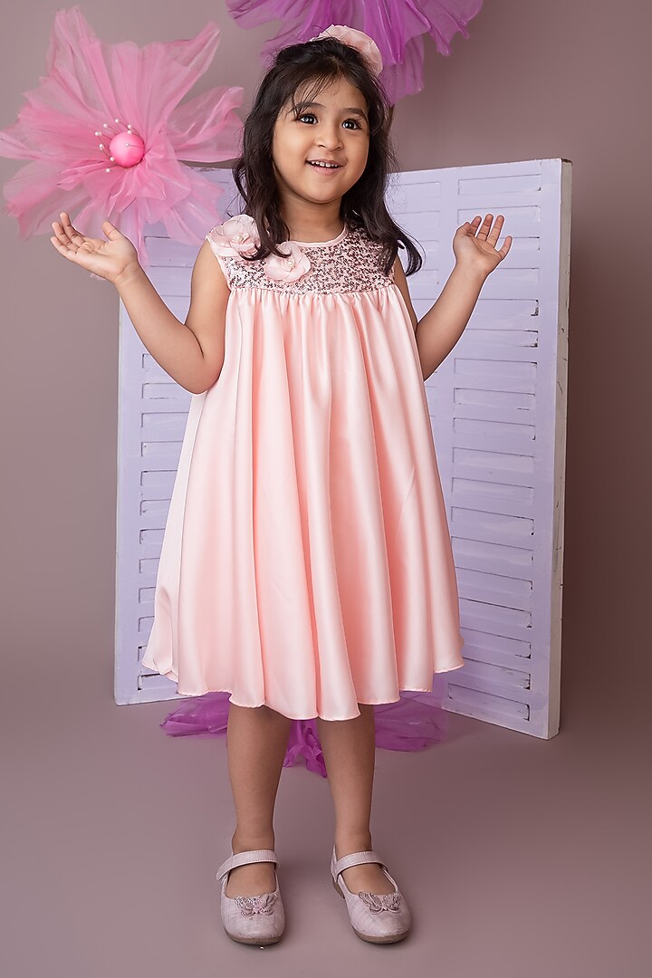 Soft Pink Milano Satin Sequin Work Layered Flared Dress For Girls by Label Neeti at Pernia's Pop Up Shop