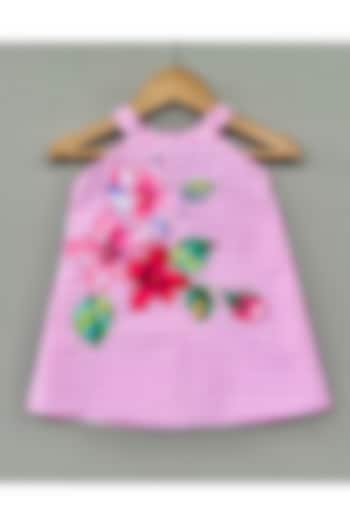 Pink Cotton Floral Applique Embroidered A-line Dress For Girls by Label Neeti at Pernia's Pop Up Shop