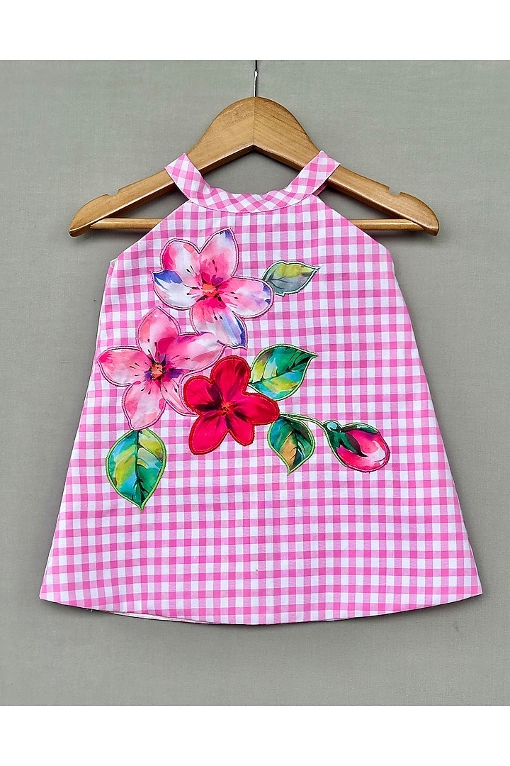 Pink Cotton Floral Applique Embroidered A-line Dress For Girls by Label Neeti at Pernia's Pop Up Shop