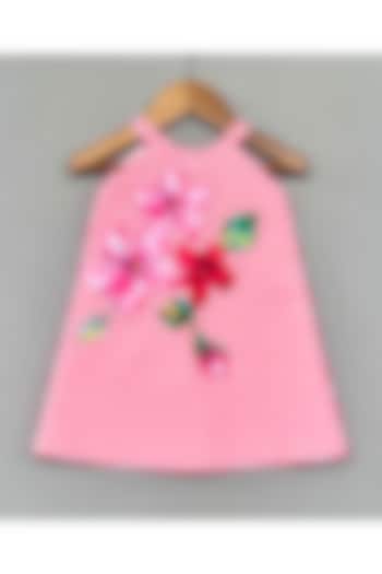 Red Cotton Floral Applique Embroidered A-line Dress For Girls by Label Neeti at Pernia's Pop Up Shop