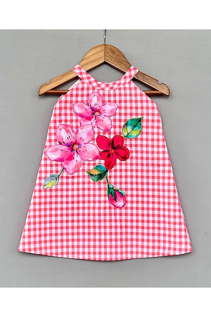 Red Cotton Floral Applique Embroidered A-line Dress For Girls by Label Neeti at Pernia's Pop Up Shop