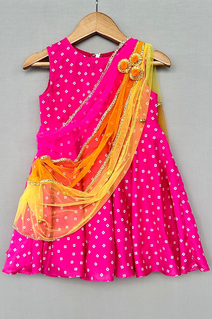 Rani Pink Muslin Bandhani Printed Draped Dress For Girls by Label Neeti at Pernia's Pop Up Shop