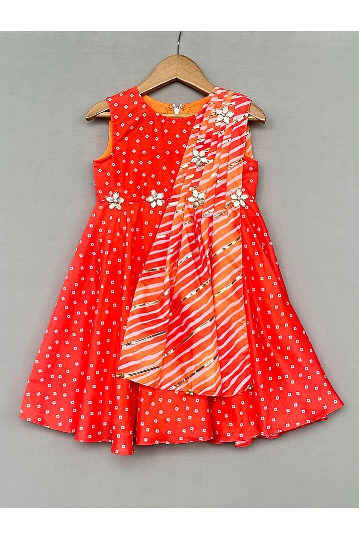 Orange Muslin Bandhani Printed Draped Dress For Girls by Label Neeti at Pernia's Pop Up Shop