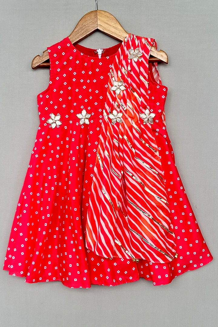 Red Muslin Bandhani Printed Draped Dress For Girls by Label Neeti at Pernia's Pop Up Shop