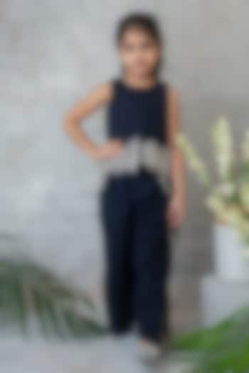 Navy Blue Cotton Wide-Leg Palazzo Pant Set For Girls by Label Neeti at Pernia's Pop Up Shop