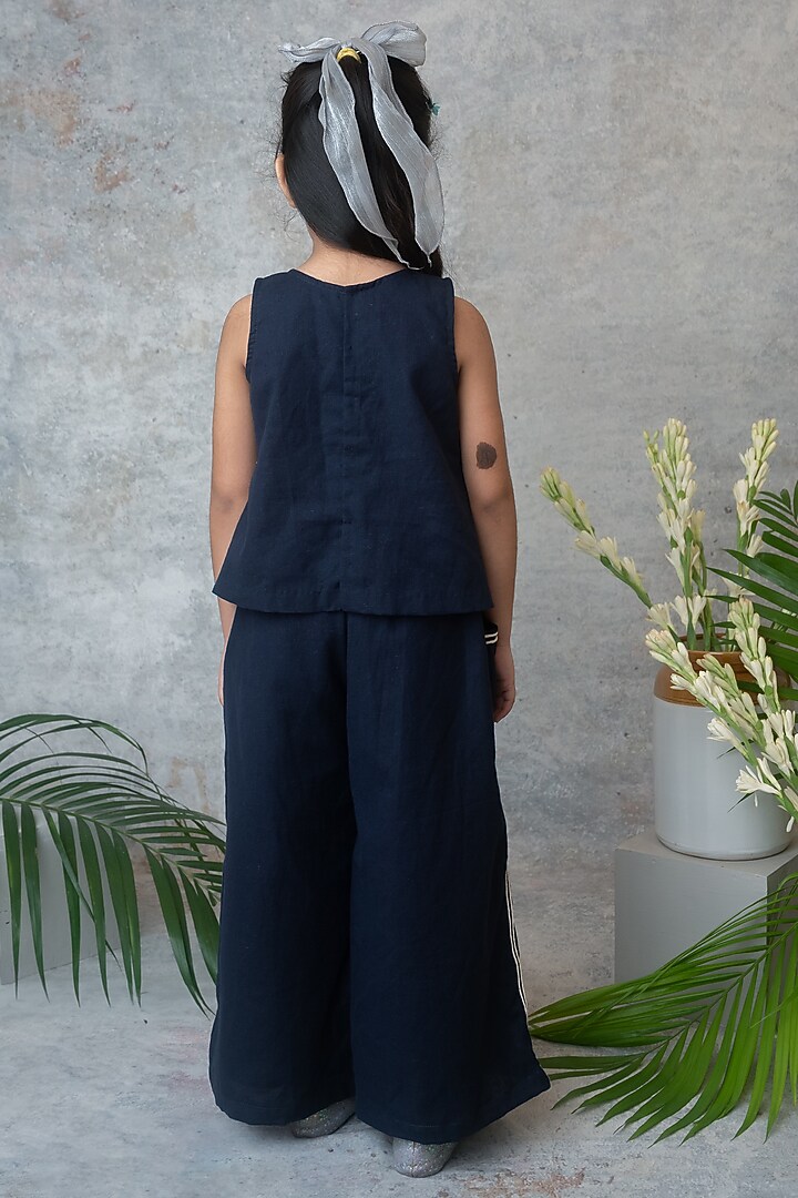 Navy Blue Cotton Wide-Leg Palazzo Pant Set For Girls by Label Neeti at Pernia's Pop Up Shop