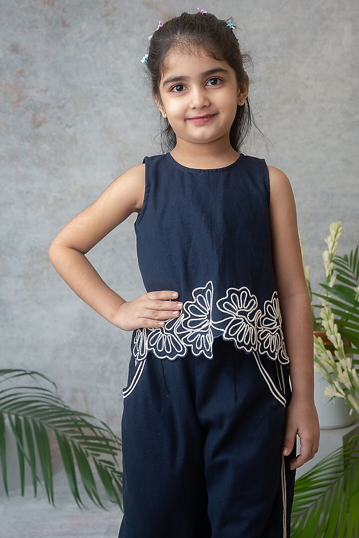 Navy Blue Cotton Wide-Leg Palazzo Pant Set For Girls by Label Neeti at Pernia's Pop Up Shop