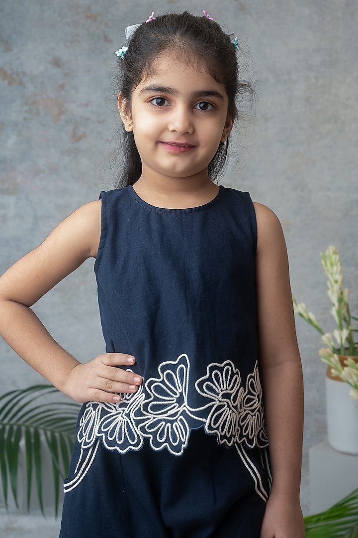 Navy Blue Cotton Wide-Leg Palazzo Pant Set For Girls by Label Neeti at Pernia's Pop Up Shop