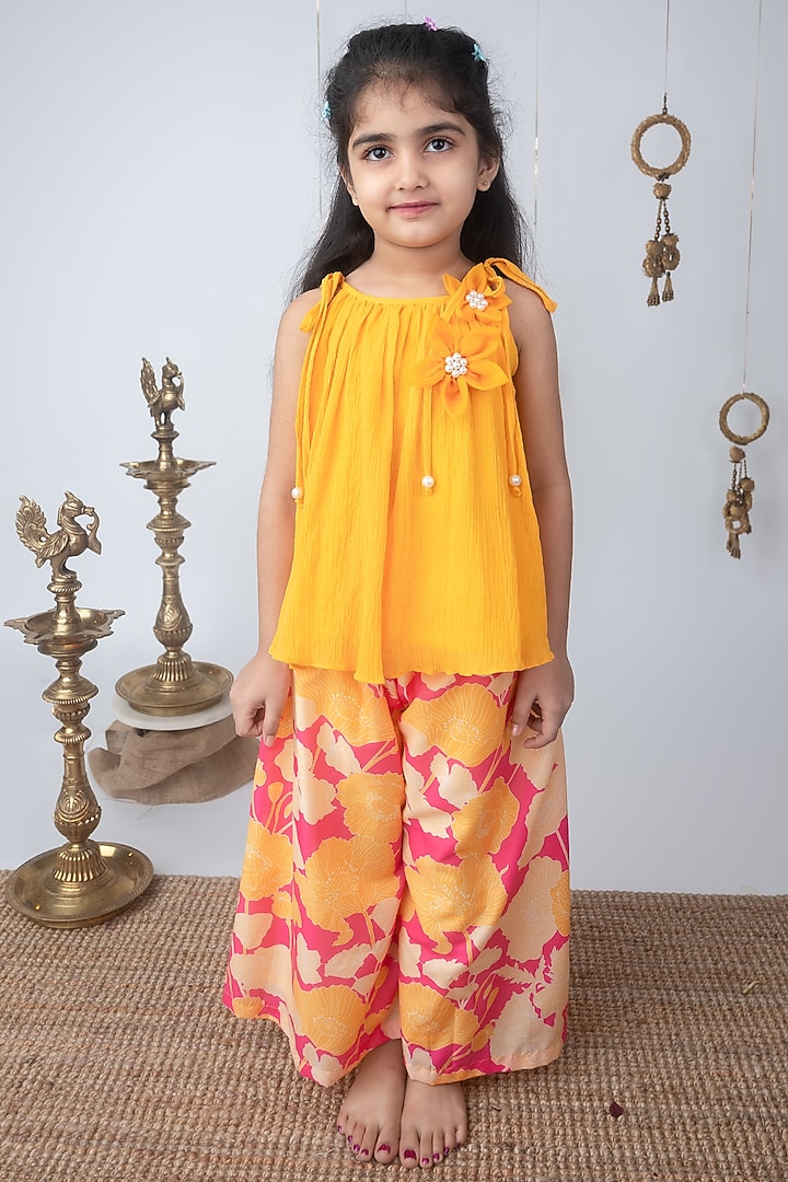 Pink Cotton Crush Floral Printed Palazzo Pant Set For Girls by Label Neeti at Pernia's Pop Up Shop