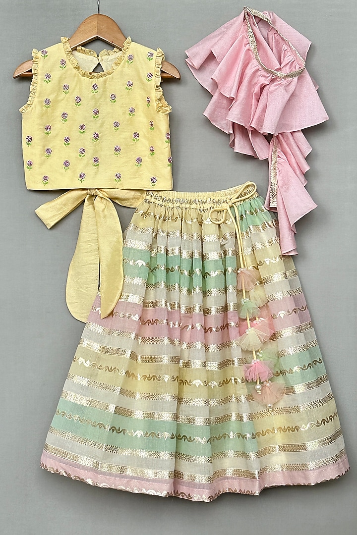 Multi-Colored Chanderi Floral Hand Embroidered Striped Lehenga Set For Girls by Label Neeti at Pernia's Pop Up Shop