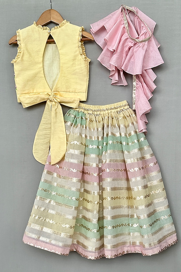 Multi-Colored Chanderi Floral Hand Embroidered Striped Lehenga Set For Girls by Label Neeti at Pernia's Pop Up Shop