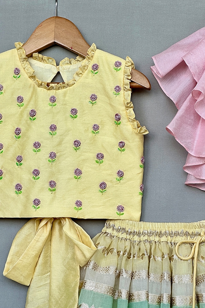 Multi-Colored Chanderi Floral Hand Embroidered Striped Lehenga Set For Girls by Label Neeti at Pernia's Pop Up Shop
